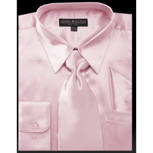 Pink Satin Dress Shirt Set for Men - Regular Fit with Tie & Pocket Square