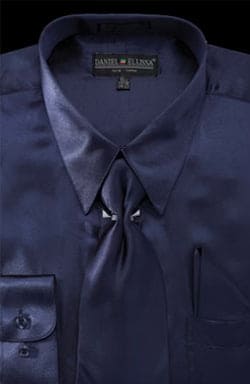 "Navy Men's Satin Dress Shirt Set - Regular Fit with Tie & Pocket Square"