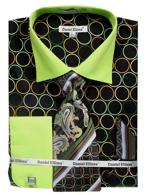 "Men's Circle Print French Cuff Dress Shirt & Tie Set - Contrast Collar"