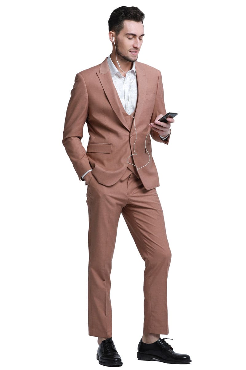 "Peach Men's Slim Fit Wedding Suit with Peak Lapel Vest"