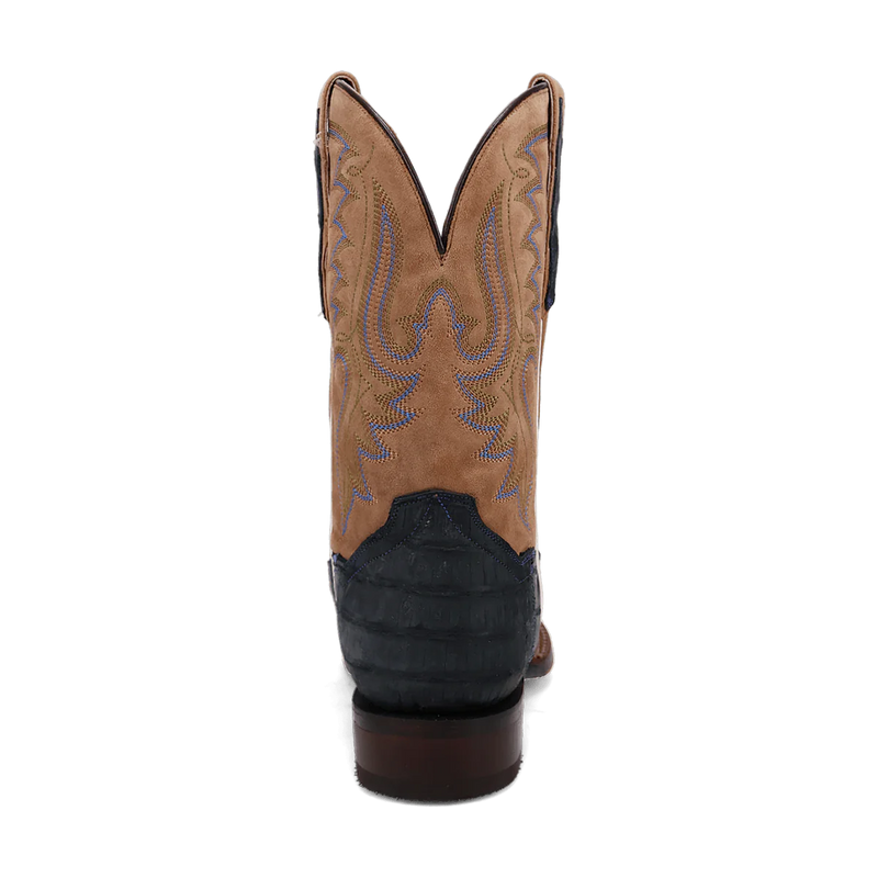 Dan Post Leon boots: tan suede upper with blue stitching, dark caiman foot. Square toe, pointed shaft with scalloped top. Stacked wooden heel. Combines suede/caiman textures.