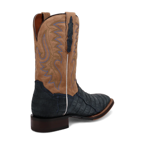 Dan Post Leon boots: Men's western boots with a denim tan caiman & suede upper. Tall, narrow, square toe. Intricate stitching & sturdy brown leather sole.