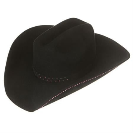 Black Tejana cowboy hat. Frost felt. Wide brim, tall rounded crown. Black felt with decorative brim stitching. Classic Western style.