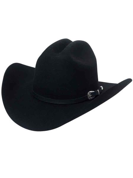 Black "Lana Negro" hat: wide brim, rounded crown with front pinch. Smooth black wool felt. Black band with silver-tone buckle.