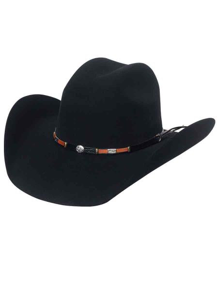 Black cowboy hat with a wide brim and raised crown. Adorned with a decorative band of alternating colored beads and black material.