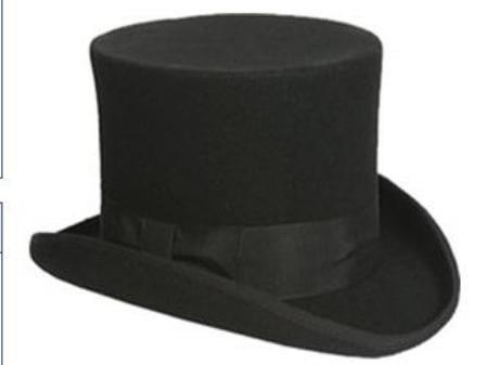Classic black wool top hat. Cylindrical crown, wide upturned brim, and a flat crown. Satin ribbon band adds a touch of elegance, perfect for formal events.