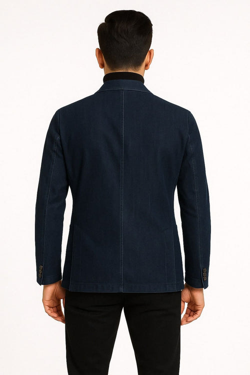 Mens Dark Blue Denim Casual Blazer with Notch Lapel and Single Button Closure