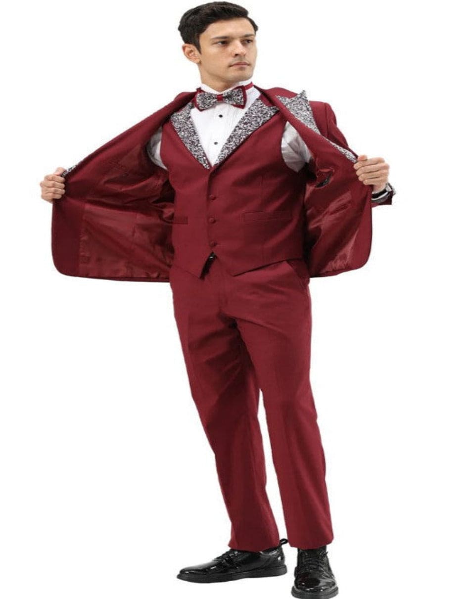 Dark Red - Maroon Wine Prom Tuxedo - Perfect Wedding Suit Vested rhinestone Lapelled