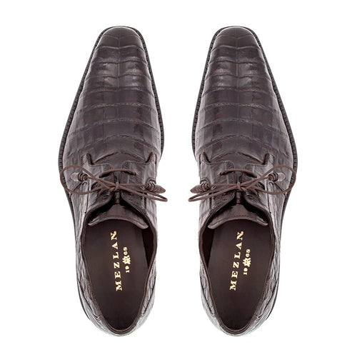 Mezlan Anderson men's shoes: Dark brown crocodile leather lace-ups with a pointed toe and scale pattern. Feature dark brown laces and gold interior branding.