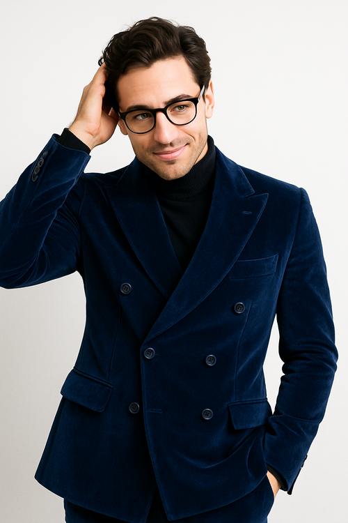 Mens Double Breasted Suits Slim Fitted - Velvet Suit - Winter Fabric Dark Royal Suit