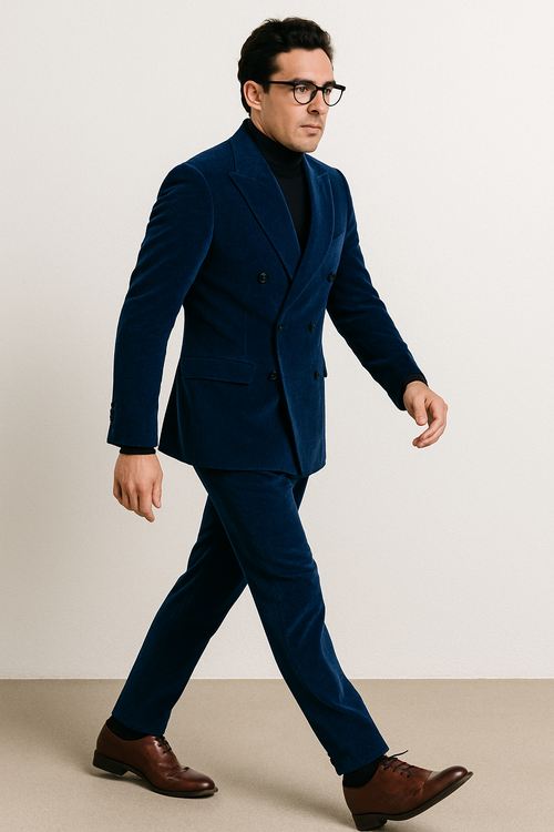 Mens Double Breasted Suits Slim Fitted - Velvet Suit - Winter Fabric Dark Royal Suit