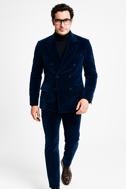 Mens Double Breasted Suits Slim Fitted - Velvet Suit - Winter Fabric Dark Royal Suit