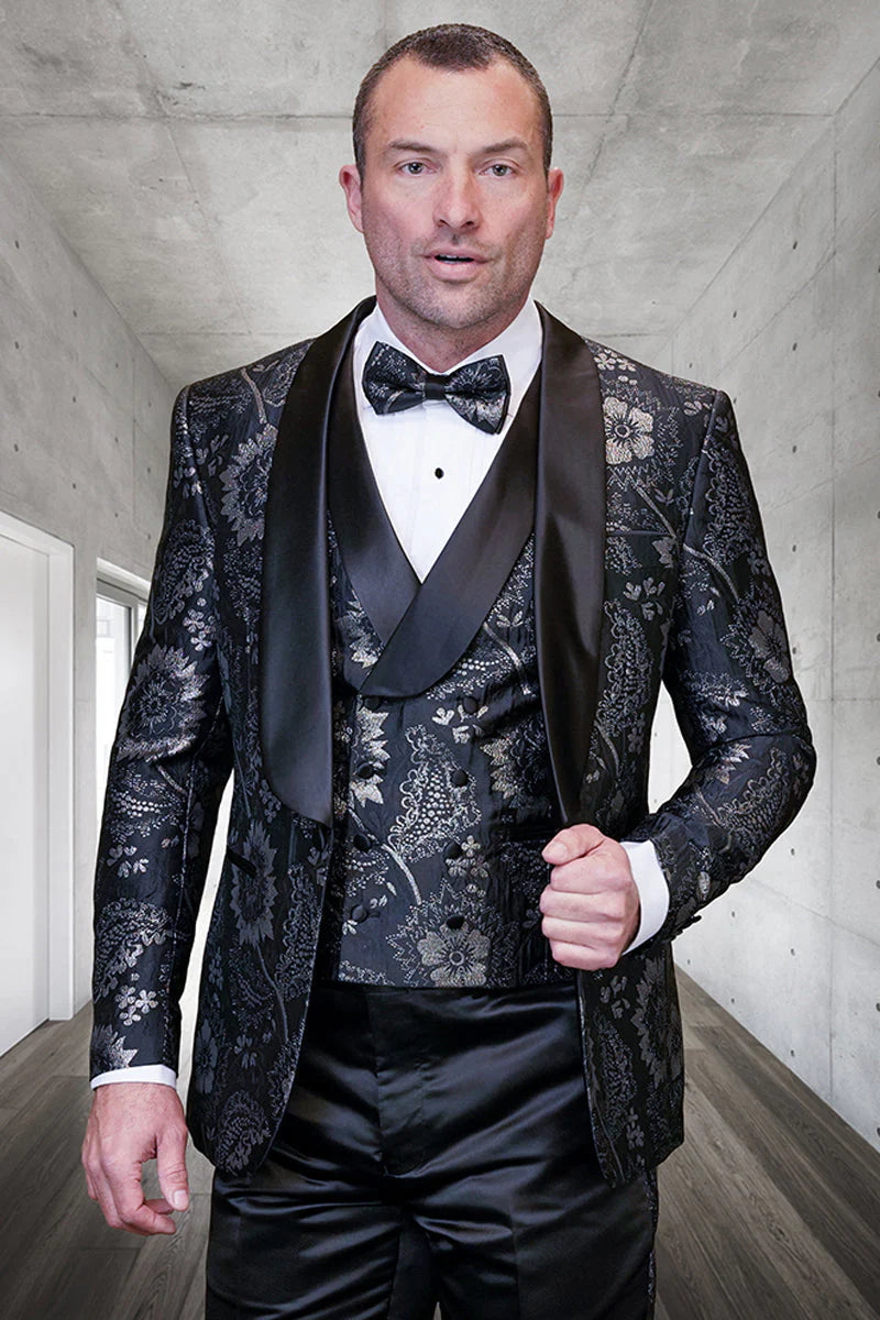 Men's black paisley lace print vested tuxedo for prom & wedding with satin lapel and bowtie