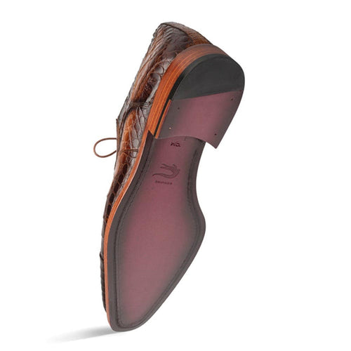Men's Giovane Fuscus derby shoes: camel crocodile leather, cap toe, stacked wood heel. Dark sole with purple inlay. Glossy, textured upper. Classic lace-up design with detailed stitching.