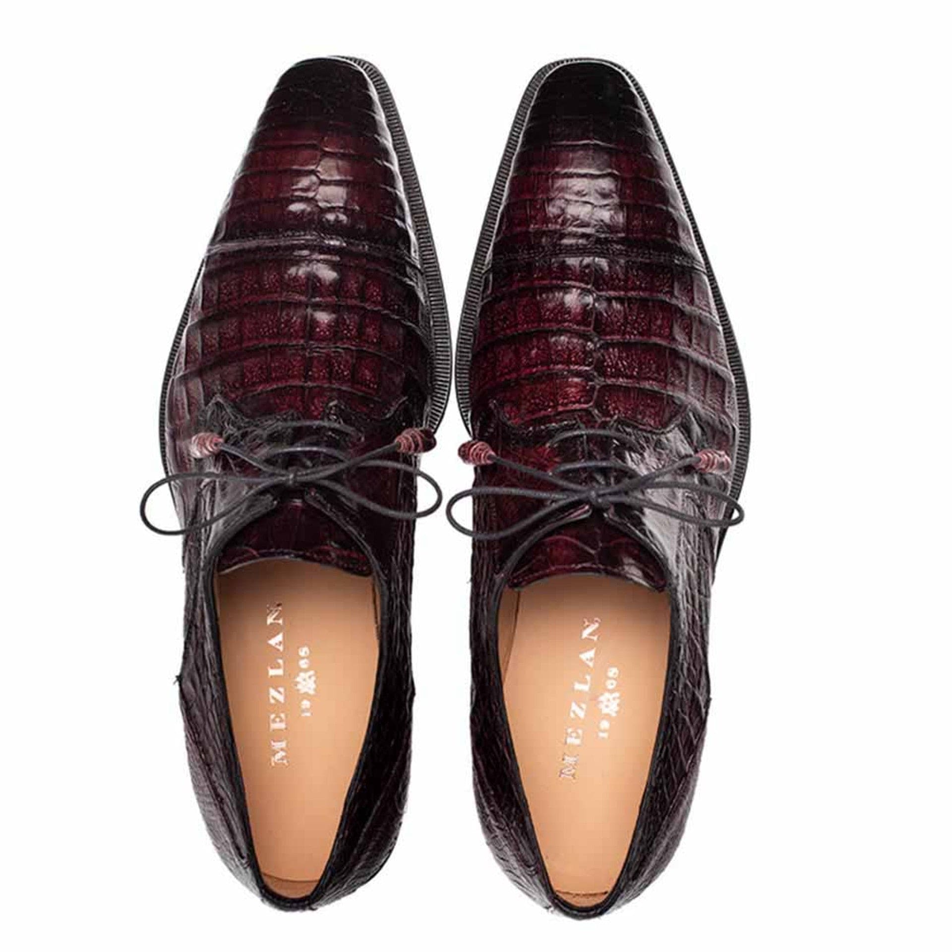 Men’s Giovane Fuscus Burgundy Crocodile Cap Toe Derby Shoes by Mezlan – Exotic Luxury Made in Spain