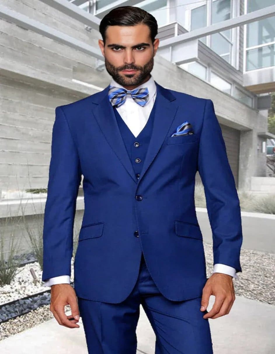 Cobalt Blue Suit Men's Designer Vested Modern Fit Wool Wedding