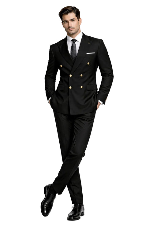 Men's Designer Modern Fit Double Breasted Wool Suit with Gold Buttons in Black