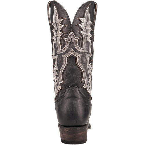 Dan Post men's Diesel black cowboy boots: black leather with intricate stitched shaft design. Snip toe, stacked heel. Pull tabs for easy wear.