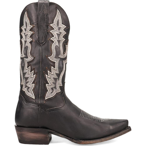 Dan Post Diesel black cowboy boots. Men's 13" snip toe, black leather. Silver stitching & Western pattern details. Wood heel for stability. Mid-calf height.