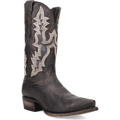 Dan Post Men's Diesel Black cowboy boots. Black leather shaft, intricate white/silver stitching. Snip toe, stacked heel. Solid build, emphasizing height and angular cowboy boot design.