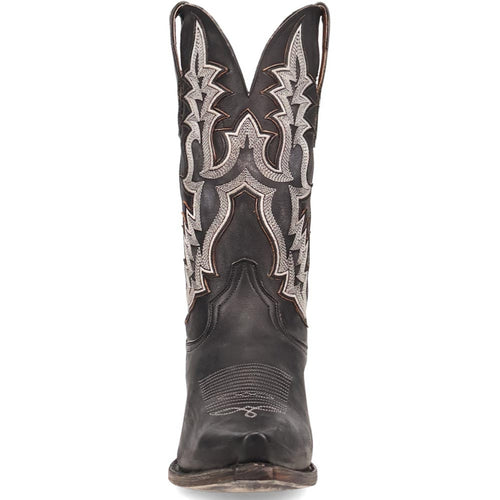 Dan Post men's Diesel black cowboy boots. Tall black leather shaft with silver/rust embroidery. Snip toe, side pull tabs. Worn outsole.