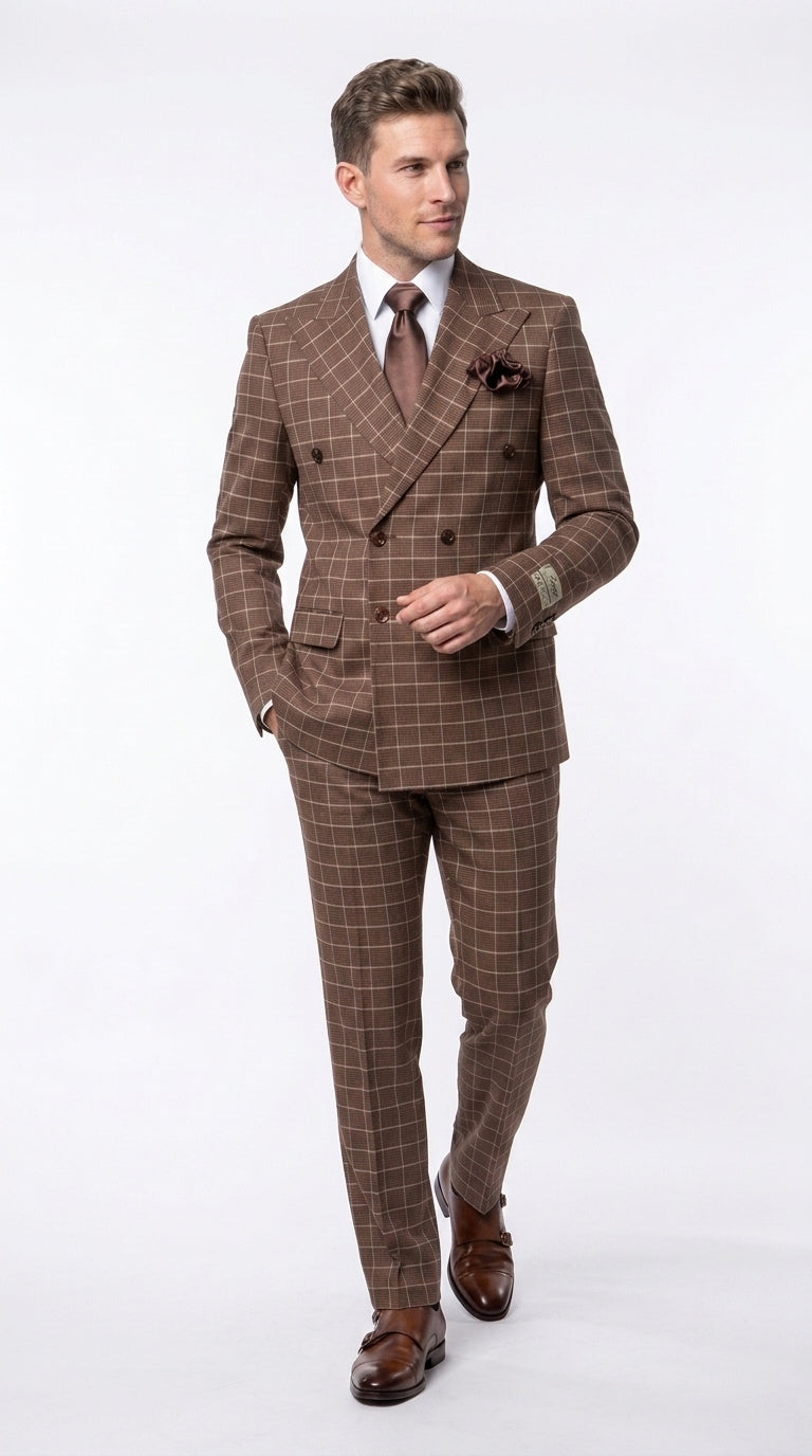 Rossi Man Arthur RM2317 Men’s Brown Windowpane Double Breasted Suit, Formal Dress Suit