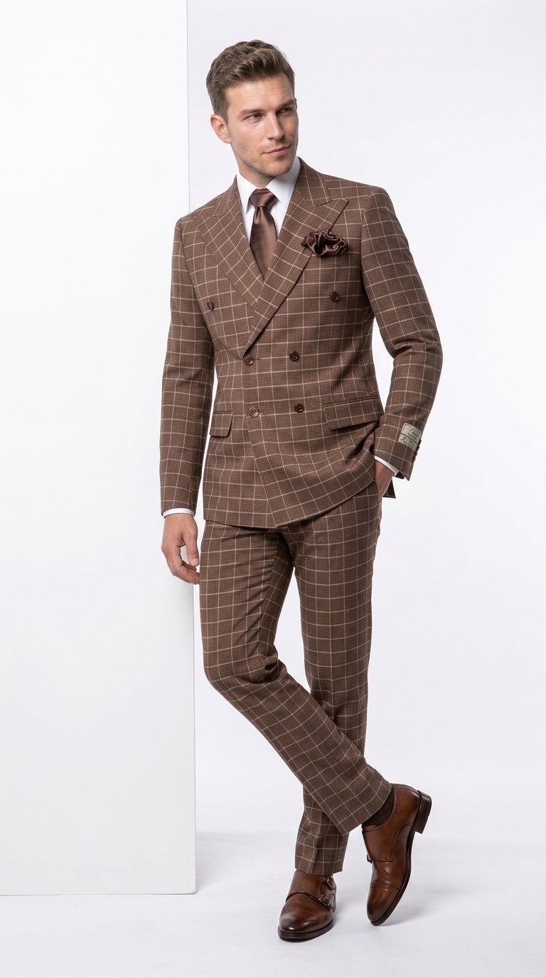 Rossi Man Arthur RM2317 Men’s Brown Windowpane Double Breasted Suit, Formal Dress Suit