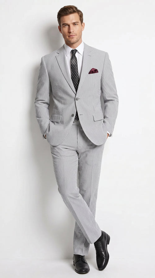 Men’s Black Pinstripe 2 Piece Seersucker Suit, Summer Modern Fit Dress Suit