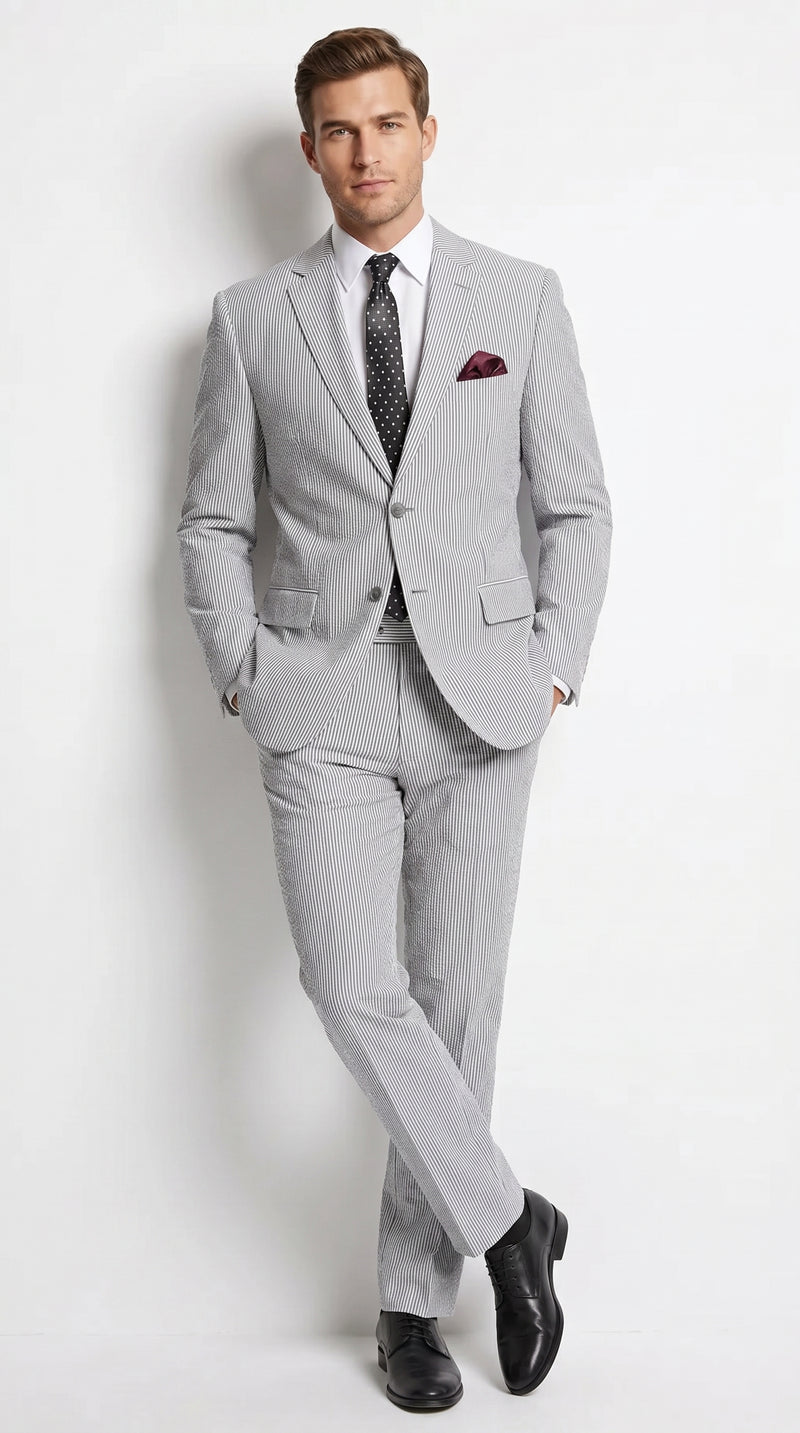 Men’s Black Pinstripe 2 Piece Seersucker Suit, Summer Modern Fit Dress Suit
