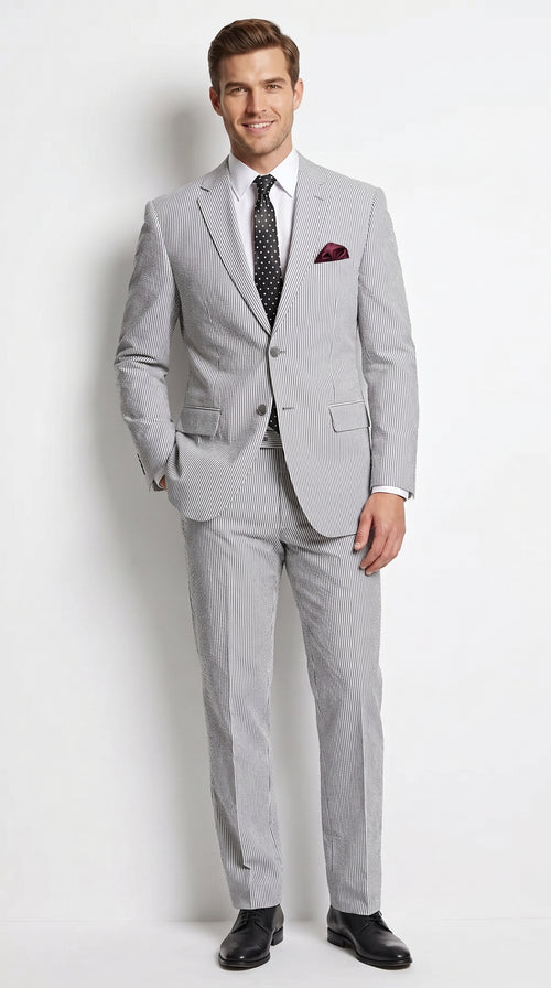 Men’s Black Pinstripe 2 Piece Seersucker Suit, Summer Modern Fit Dress Suit