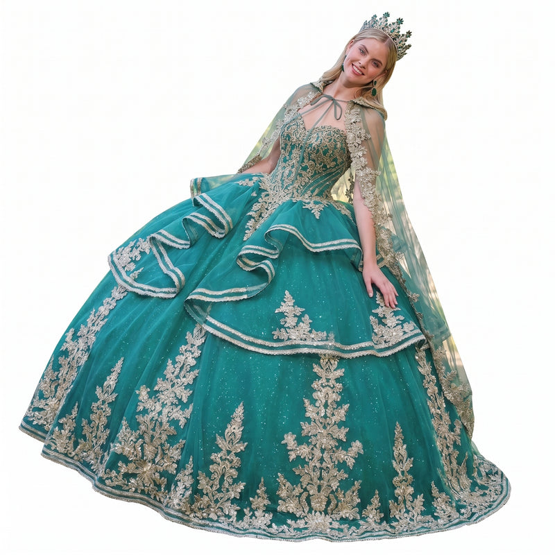 Elizabeth K GL3671 Emerald Green Quinceañera Ball Gown – Strapless Sweetheart Beaded Corset Dress with Ruffle-Tier Skirt & Embroidered Cape