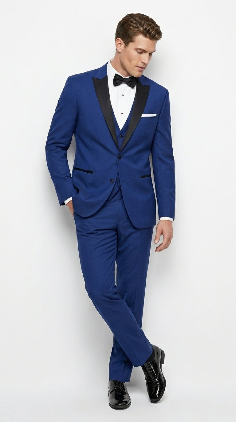 Men’s Cobalt Blue Wedding Tuxedo Set with Black Satin Shawl Lapel and Matching Vest