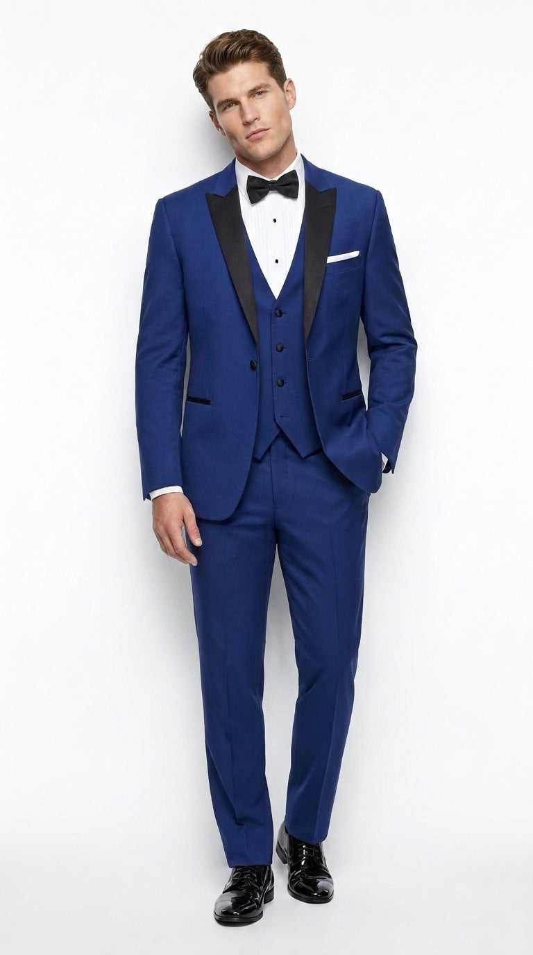 Men’s Cobalt Blue Wedding Tuxedo Set with Black Satin Shawl Lapel and Matching Vest