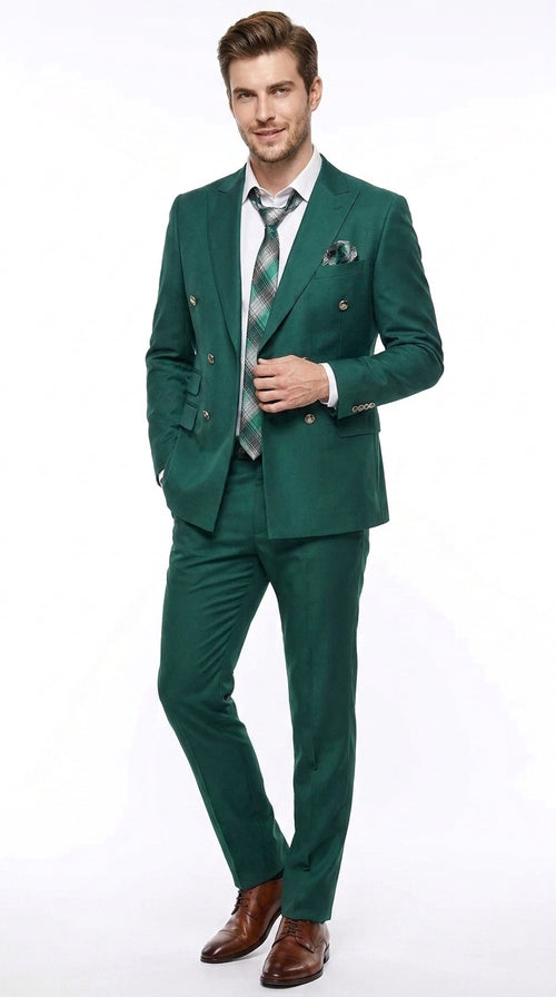 Men’s Hunter Green Double Breasted Wool Suit with Gold Buttons, Modern Fit Formal Wedding Suit