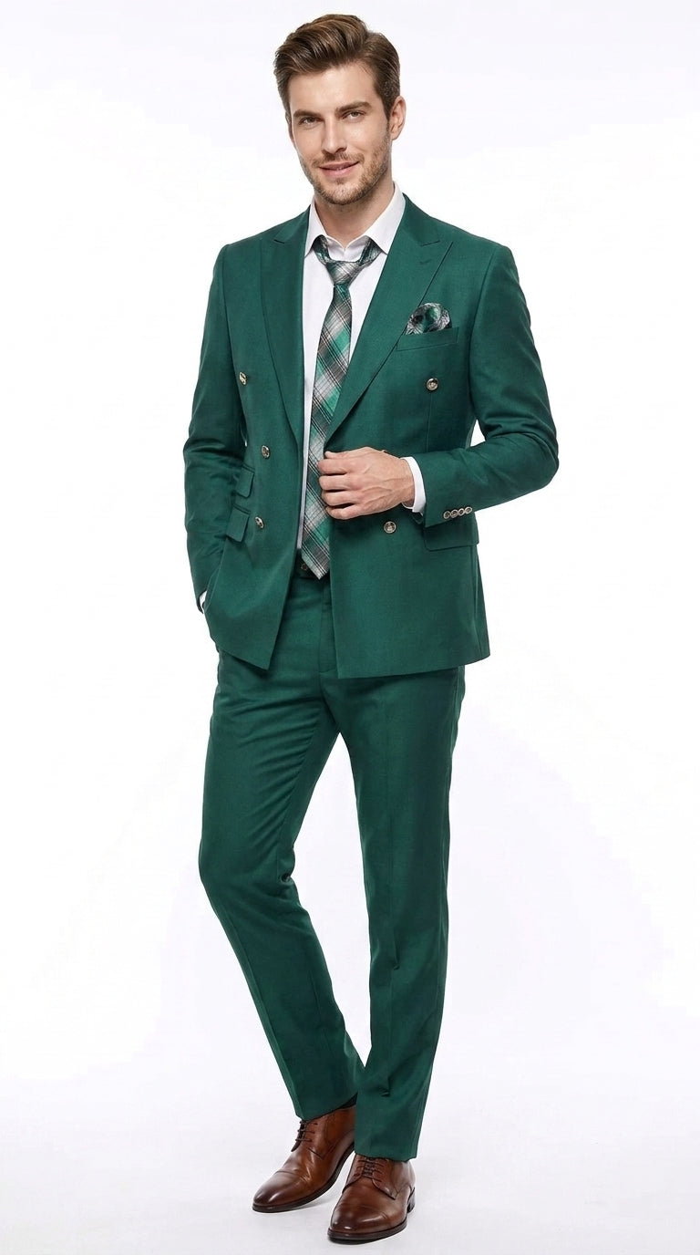 Men’s Hunter Green Double Breasted Wool Suit with Gold Buttons, Modern Fit Formal Wedding Suit