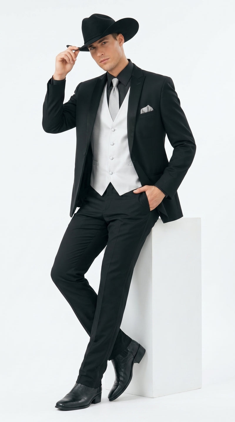 Men’s Black Country Wedding Tuxedo with Silver Vest, Western Formal Groom Suit