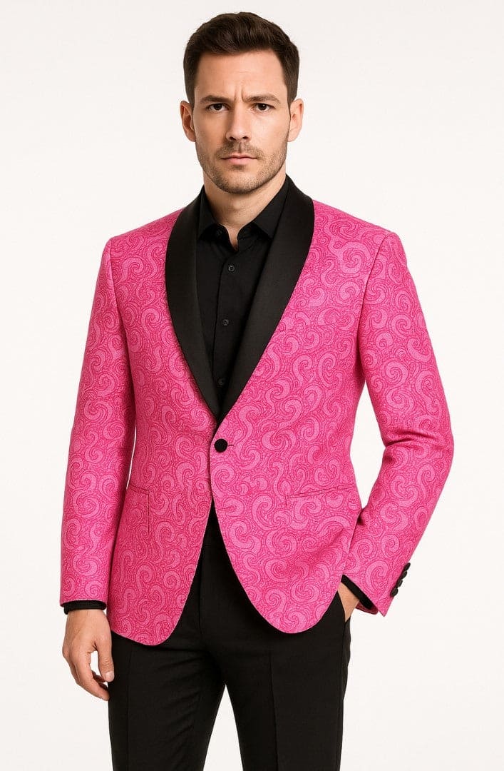Men’s Hot Pink Tuxedo Suit With Black Pants Paisley Patter with Black Shawl Lapel - Fuchsia Color Prom Suit