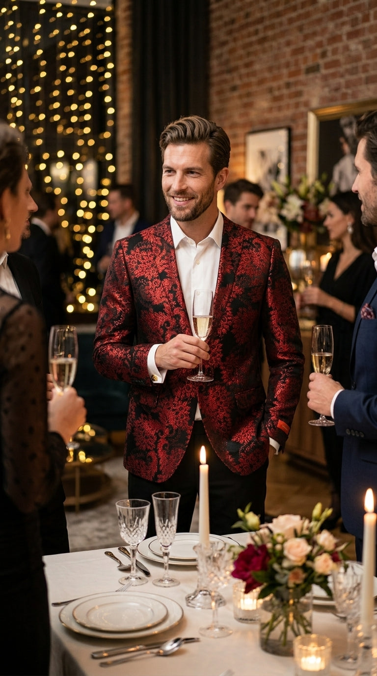 Men’s Red and Black Retro Paris Floral Suit, Designer Formal Wedding Prom Party Blazer Set