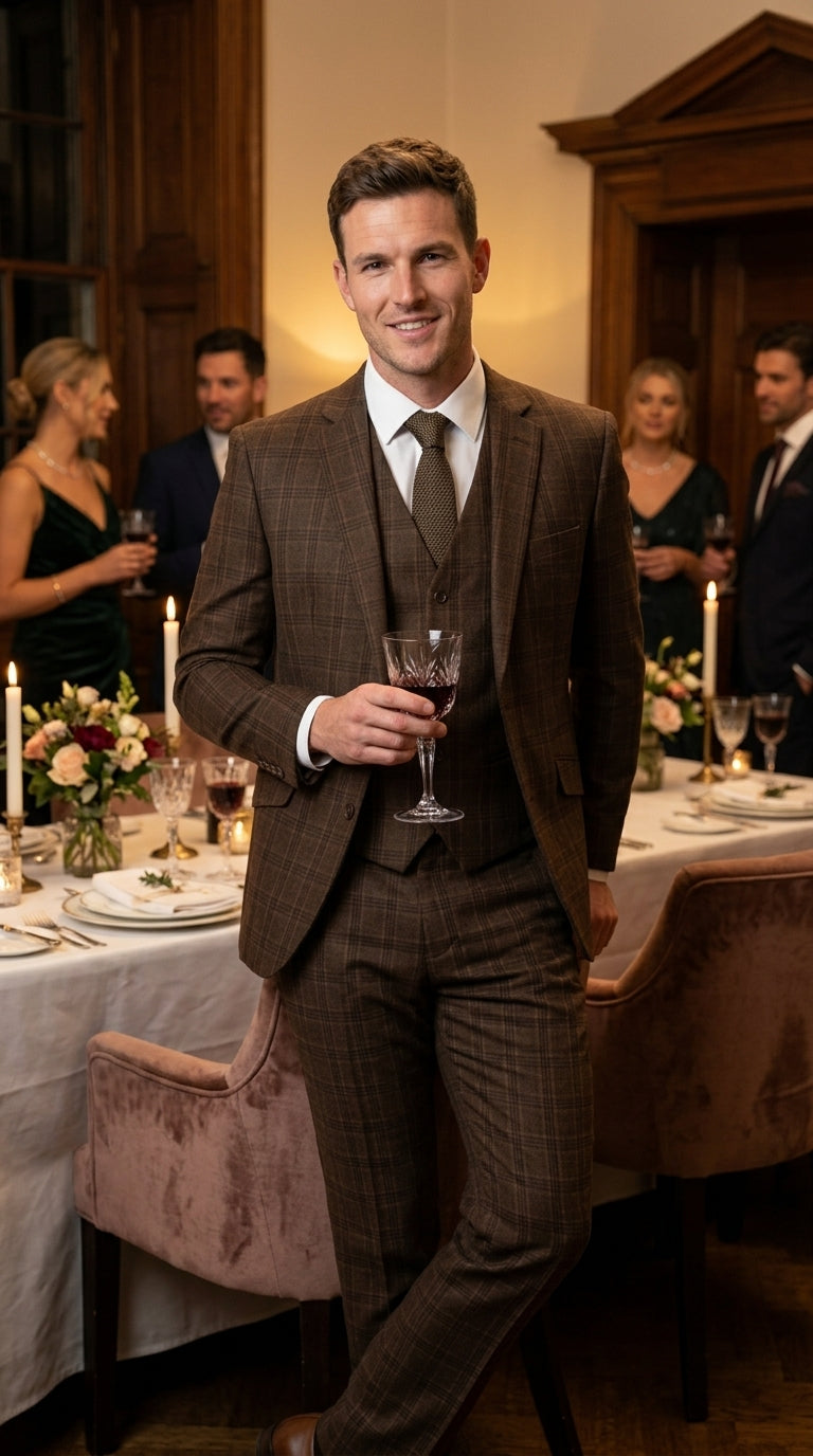 Men’s Brown Windowpane Plaid 3 Piece Suit, Classic Formal Wedding Business Dress Suit Set