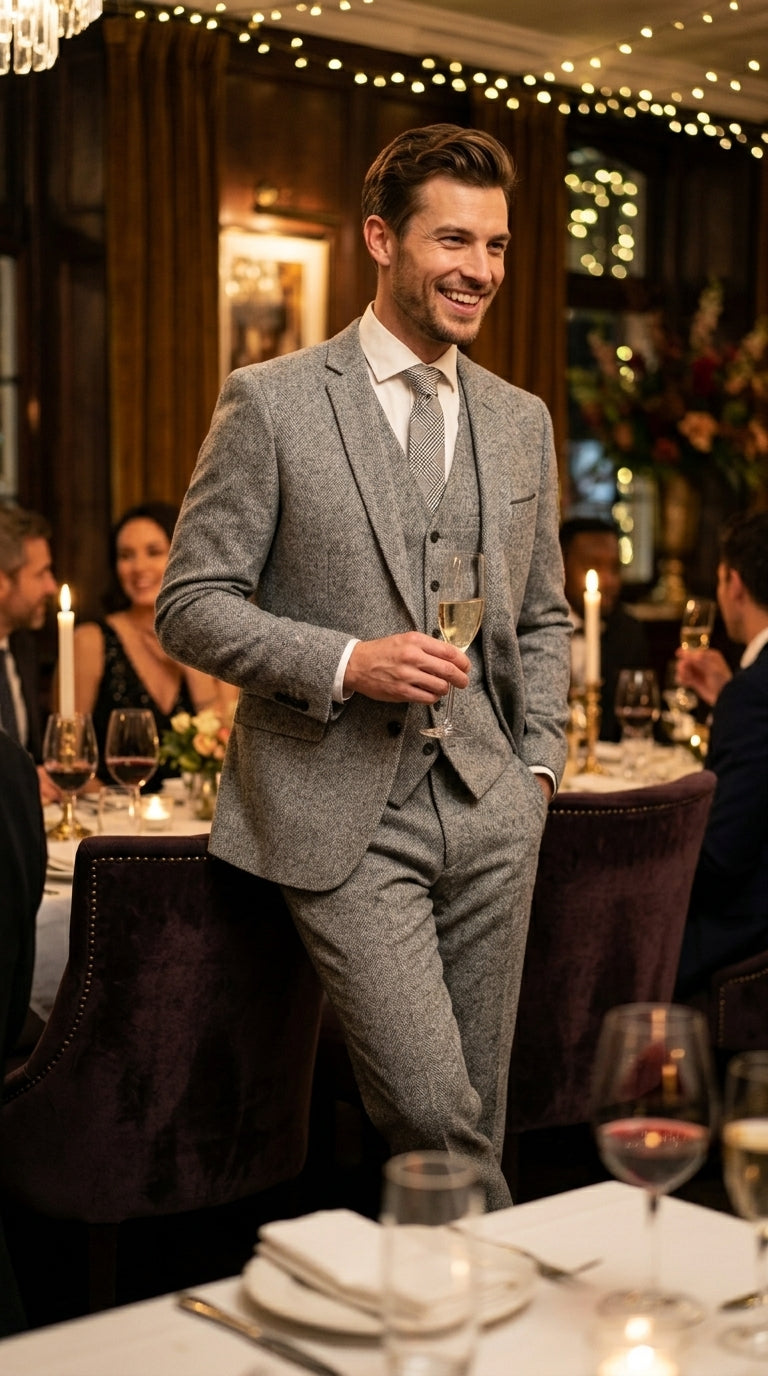 Mens Grey Tweed Three Piece Suit Vintage British Fabric Slim Fit Wedding & Business Wear