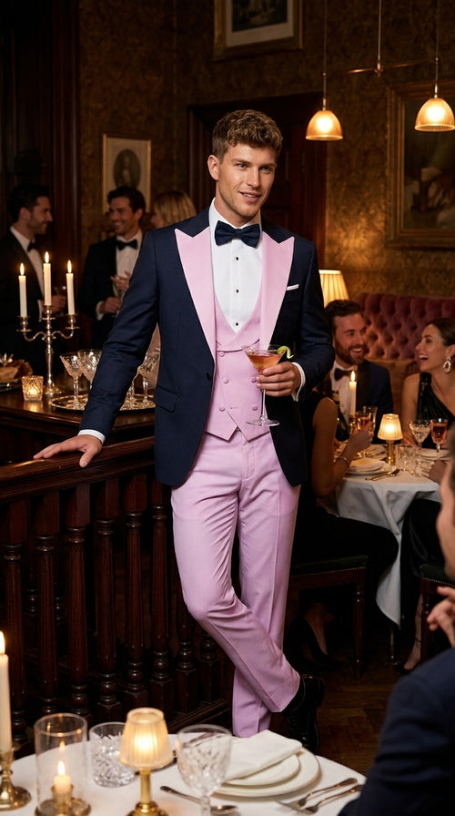 Men’s Black and Pink 100% Wool Vested Tuxedo, Peak Lapel Wedding Prom Formal Suit Set