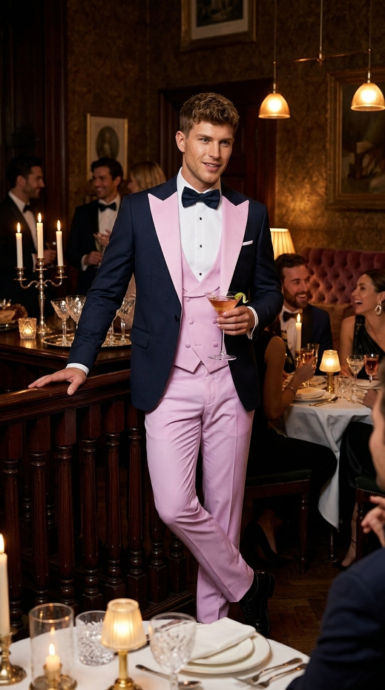 Men’s Black and Pink 100% Wool Vested Tuxedo, Peak Lapel Wedding Prom Formal Suit Set