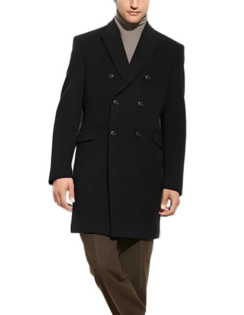Mens Black Overcoat - Double Breasted Black 3/4 Length Wool Cashmere Blend Overcoat Top Coat