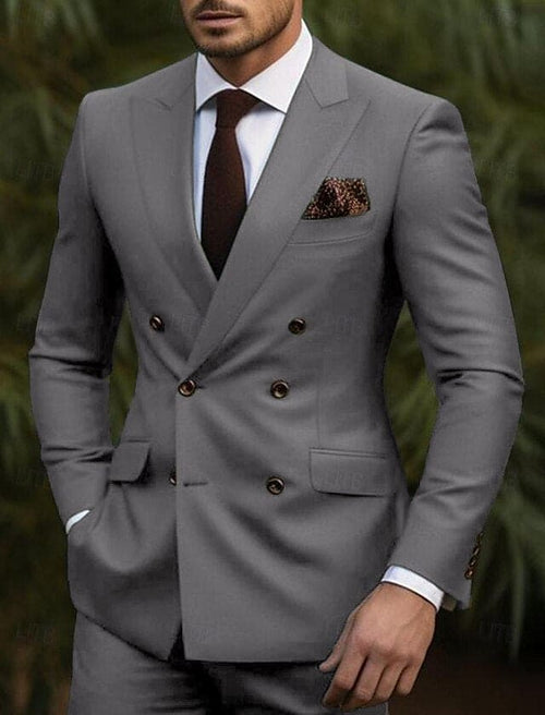 Double Breasted Slim Fit Suit - Dark Gray Suit