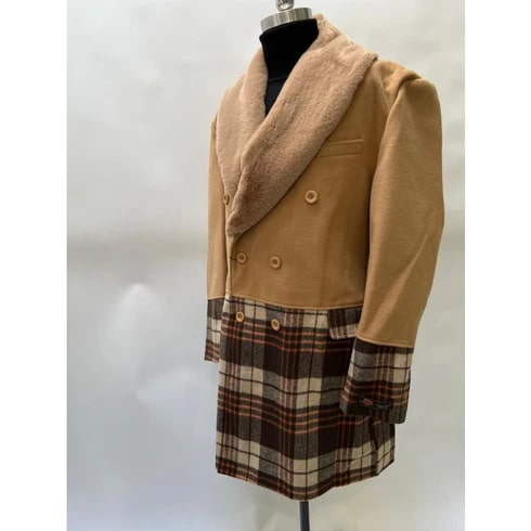 Men's camel brown overcoat with shawl collar, double-breasted 4-button design. Features plush fur collar and plaid wool lower half in brown/cream.