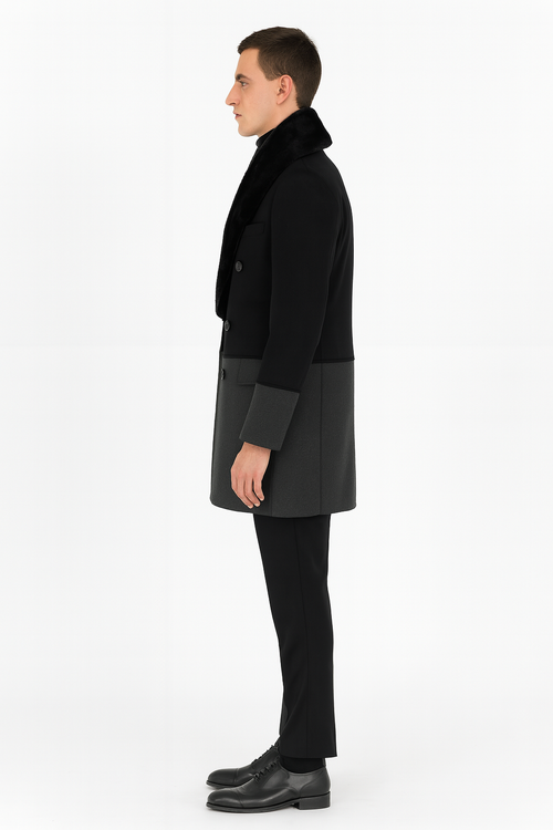 Men’s Double-Breasted Wool Overcoat with Faux Fur Shawl Collar – Classic Winter Dress Coat in Half Black and Charcoal
