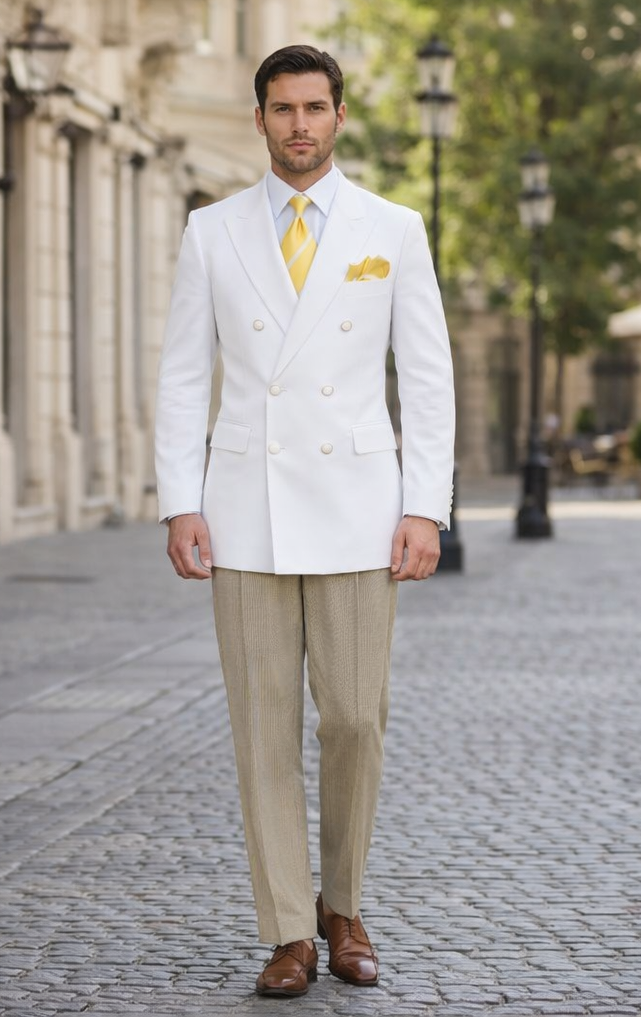 The elegant men’s double-breasted blazer by Alberto Nardoni is primarily white, featuring a tailored fit with visible gold buttons. The blazer has a structured shape, showcasing a sharp lapel design.