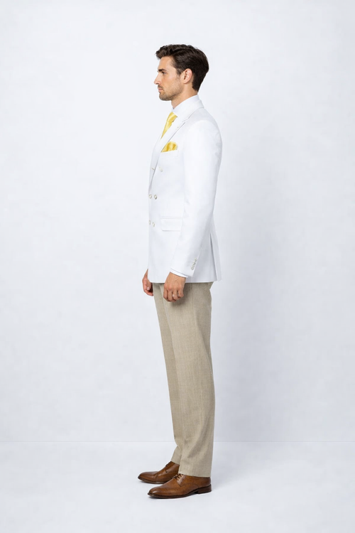 The elegant men’s double-breasted blazer in white features a tailored silhouette with a sharp collar, buttoned front, and two side pockets. The fabric appears smooth, complementing the structured design of the blazer.