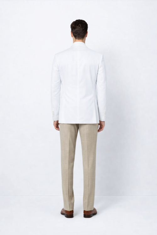 Elegant men’s double-breasted blazer in white features a structured form with a tailored fit, distinct lapels, and a smooth fabric. It extends down to the hips, showcasing a clean back design.