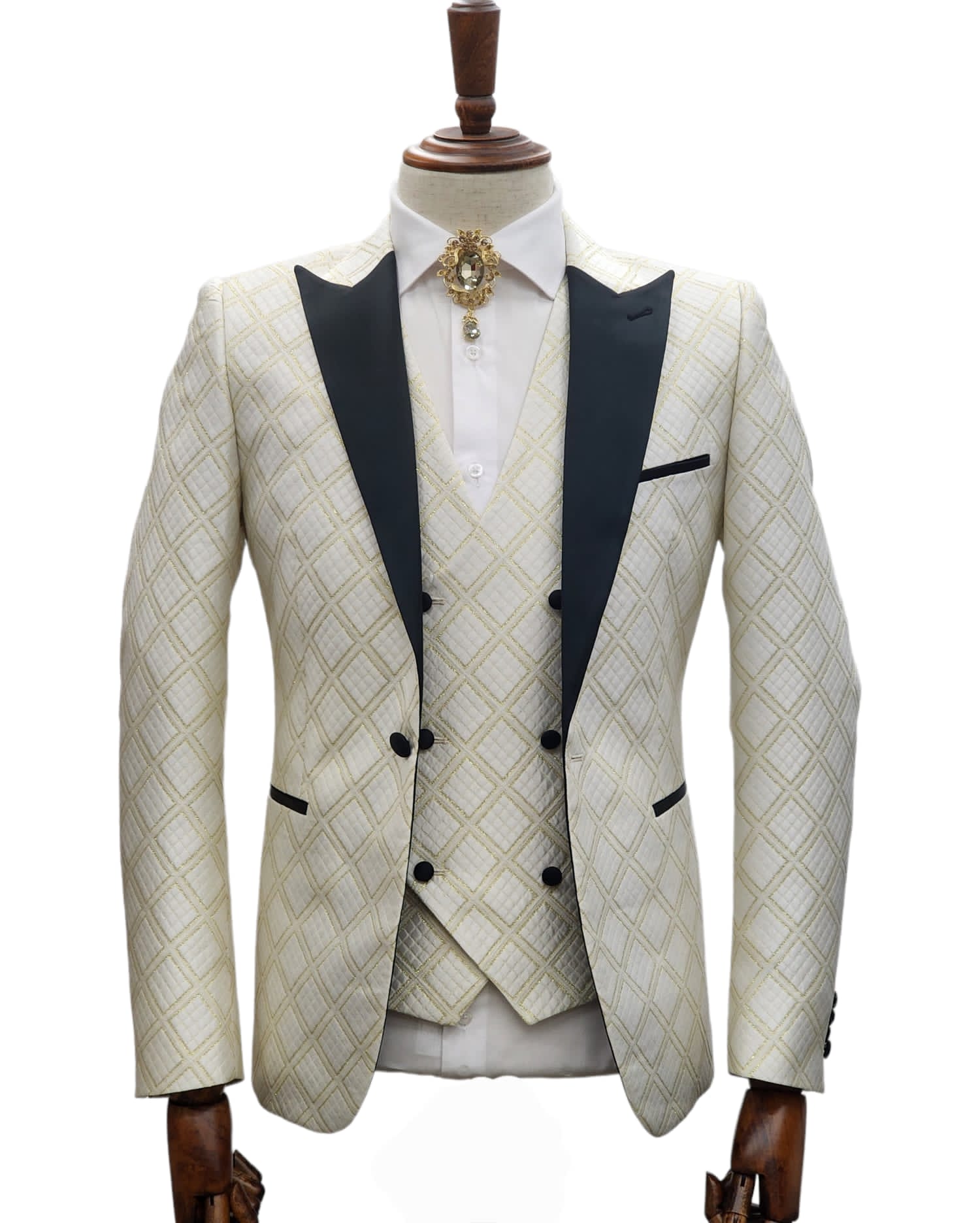 Ivory Tuxedo - Cream Wedding Suit - Off White Groom Peak Lapel Suit